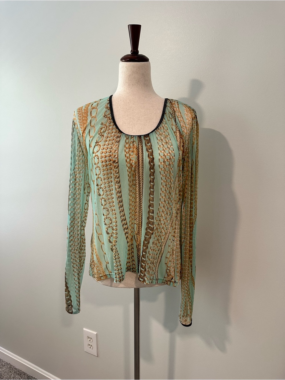 Roberto Cavalli Sheet Mint Chain-Print Long Sleeve Top